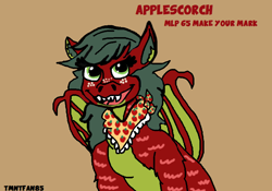 Size: 878x616 | Tagged: safe, artist:tmntfan85, oc, oc only, oc:apple scorch, dracony, hybrid, brown background, clothes, female, freckles, granny smith's shawl, interspecies offspring, looking at you, name, offspring, open mouth, open smile, parent:applejack, parent:spike, parents:applespike, scarf, sharp teeth, simple background, smiling, smiling at you, teeth