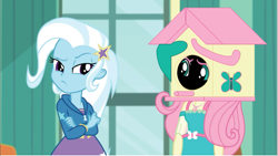Size: 895x504 | Tagged: safe, artist:polorenzielephant, edit, edited screencap, screencap, fluttershy, trixie, human, a little birdie told me, equestria girls, g4, my little pony equestria girls: better together, bird house, context is for the weak, geode of fauna, magical geodes, object head, wat