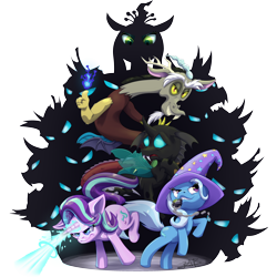 Size: 2854x2854 | Tagged: safe, artist:turkojar, discord, queen chrysalis, starlight glimmer, thorax, trixie, changeling, changeling queen, draconequus, pony, unicorn, g4, to where and back again, blast, female, fire, furrowed brow, glowing, glowing eyes, grin, horn, looking at you, magic, magic blast, male, mare, mouth hold, rearing, reformed four, silhouette, simple background, smiling, smoke bomb, transparent background