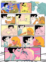 Size: 2551x3409 | Tagged: safe, artist:bixels, applejack, rarity, human, the grand galloping 20s, g4, ..., alternate name, blush lines, blushing, comic, dialogue, duo, duo female, female, forehead kiss, high res, humanized, kiss on the lips, kissing, lesbian, natural hair color, red face, ship:rarijack, shipping, speech bubble