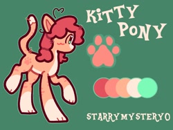 Size: 2000x1500 | Tagged: safe, artist:starrymysteryy, oc, oc only, cat, cat pony, original species, pony, blushing, cat tail, female, green background, mare, paws, reference sheet, simple background, solo, tail