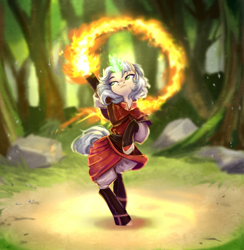 Size: 2144x2193 | Tagged: safe, artist:sparkling_light, oc, pony, unicorn, bipedal, clothes, female, fire, firebending, forest, horn, nature, tree