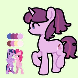 Size: 2048x2048 | Tagged: safe, artist:starrymysteryy, pinkie pie, twilight sparkle, oc, alicorn, earth pony, pony, unicorn, adoptable, bedroom eyes, bipedal, crossed hooves, female, green background, horn, lesbian, magical lesbian spawn, mare, next generation, offspring, parent:pinkie pie, parent:twilight sparkle, parents:twinkie, reference sheet, ship:twinkie, shipping, simple background, twilight sparkle (alicorn)