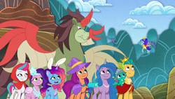 Size: 1920x1080 | Tagged: safe, screencap, book fairy, hitch trailblazer, izzy moonbow, misty brightdawn, pipp petals, sparky sparkeroni, sunny starscout, zantorp, zipp storm, dracony, dragon, earth pony, fairy, fairy pony, hybrid, original species, pegasus, pony, unicorn, buried in a good book, g5, my little pony: tell your tale, spoiler:g5, spoiler:my little pony: tell your tale, spoiler:tyts02e10, baby, baby dragon, bunny ears, cape, cloak, clothes, crown, dragons riding ponies, female, fish tail, four wings, hat, helmet, horn, jewelry, male, mane five, mane six (g5), mane stripe sunny, mare, multiple wings, open mouth, questopia, rebirth misty, regalia, riding, riding a pony, smiling, sparky riding hitch trailblazer, stallion, tail, wings, wizard hat