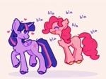Size: 2048x1536 | Tagged: safe, artist:starrymysteryy, artist:tyyrexx0, pinkie pie, twilight sparkle, alicorn, earth pony, pony, g4, blah blah blah, blushing, chest fluff, colored hooves, dialogue, duo, duo female, ear fluff, ear tufts, eyes closed, female, folded wings, happy, heart, lesbian, looking back, mare, open mouth, open smile, pink background, pronking, ship:twinkie, shipping, simple background, smiling, talking, twilight sparkle (alicorn), unshorn fetlocks, walking, white background, wings