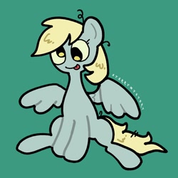 Size: 2048x2048 | Tagged: safe, artist:starrymysteryy, derpy hooves, pegasus, pony, g4, derp, female, green background, mare, simple background, sitting, solo, spread wings, tongue out, wings