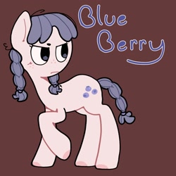 Size: 2048x2048 | Tagged: safe, artist:starrymysteryy, oc, oc only, oc:blue berry, earth pony, pony, adoptable, braid, braided tail, brown background, female, freckles, mare, pigtails, simple background, tail