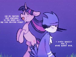 Size: 1024x768 | Tagged: safe, artist:starrymysteryy, twilight sparkle, bird, blue jay, pony, unicorn, g4, aeroplanes and meteor showers, airplanes (song), bipedal, chest fluff, crossover, crossover shipping, crying, duo, female, lyrics, male, mare, mordecai, mordetwi, rearing, regular show, shipping, singing, stars, straight, text, unicorn twilight