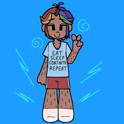 Size: 2048x2048 | Tagged: safe, artist:starrymysteryy, rainbow dash, human, g4, arm hair, blue background, body hair, breasts, cleavage, clothes, dark skin, female, fortnite, humanized, leg hair, peace sign, shirt, shorts, simple background, solo, t-shirt