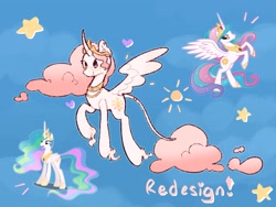 Size: 2048x1536 | Tagged: safe, artist:starrymysteryy, princess celestia, alicorn, pony, g4, abstract background, alternate design, cloud mane, curved horn, female, flying, horn, jewelry, leonine tail, mare, necklace, peytral, pink-mane celestia, regalia, ring, solo, tail, tail ring, unshorn fetlocks