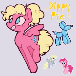 Size: 2048x2048 | Tagged: safe, artist:starrymysteryy, derpy hooves, pinkie pie, oc, oc:dippy pie, earth pony, pegasus, pony, g4, balloon, balloon animal, derp, female, flying, fusion, fusion:derpy hooves, fusion:pinkie pie, mare