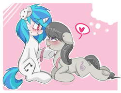 Size: 739x564 | Tagged: safe, artist:saltylenpai, dj pon-3, octavia melody, vinyl scratch, earth pony, pony, unicorn, g4, blushing, bowtie, duo, ear piercing, eye clipping through hair, female, heart, horn, industrial piercing, lesbian, piercing, ship:scratchtavia, shipping, tongue out