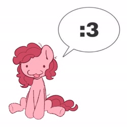 Size: 2048x2048 | Tagged: safe, artist:starrymysteryy, pinkie pie, earth pony, pony, :3, dialogue, female, mare, simple background, sitting, solo, speech bubble, white background