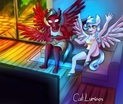 Size: 1635x1379 | Tagged: safe, artist:cali luminos, oc, oc only, oc:angel, oc:sapphire crystal, anthro, plantigrade anthro, barefoot, braid, braided ponytail, breasts, cleavage, clothes, controller, couch, couple, disbelief, feet, male, multiple wings, muscles, muscular male, ponytail, sandals, shorts, tank top, television, toes, video game, wings