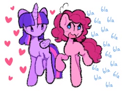 Size: 1024x768 | Tagged: safe, artist:starrymysteryy, pinkie pie, twilight sparkle, alicorn, earth pony, pony, g4, blah blah blah, duo, female, floating heart, heart, lesbian, mare, redraw, ship:twinkie, shipping, simple background, twilight sparkle (alicorn), white background