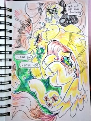 Size: 768x1024 | Tagged: safe, artist:drawswithpaws, fluttershy, pegasus, pony, abstract, solo, talking, traditional art