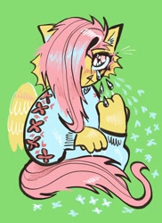 Size: 1494x2048 | Tagged: safe, artist:drawswithpaws, fluttershy, cat, anthro, catified, crying, green background, simple background, solo, species swap