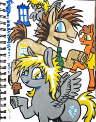 Size: 1624x2048 | Tagged: safe, artist:wolfsrain2003, cheese sandwich, derpy hooves, doctor whooves, time turner, earth pony, pegasus, pony, g4, smiling, traditional art