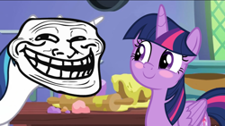 Size: 1080x608 | Tagged: safe, edit, edited screencap, screencap, twilight sparkle, best gift ever, g4, blushing, meme, no one other than twily meme, trollface