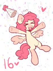 Size: 768x1024 | Tagged: safe, artist:starrymysteryy, oc, oc only, pegasus, pony, abstract background, birthday, colored wings, female, floating heart, hat, heart, mare, party hat, solo, wings
