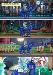 Size: 2171x3070 | Tagged: safe, artist:mysticalpha, princess luna, alicorn, ghost, pony, undead, unicorn, comic:day in the lives of the royal sisters, barn, colt, comic, dialogue, duo focus, eyes in the dark, female, foal, forest, full moon, graveyard, high res, horn, lidded eyes, male, mare, moon, nature, open mouth, open smile, ponies riding ponies, portal, riding, riding a pony, smiling, speech bubble, tree