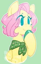 Size: 1160x1788 | Tagged: safe, artist:crackledbugs, fluttershy, pegasus, pony, g4, alternate hairstyle, cute, female, green background, mare, neckerchief, short hair, shyabetes, simple background, solo