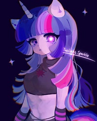 Size: 1587x1983 | Tagged: safe, artist:azhiichigo, twilight sparkle, unicorn, anthro, arm warmers, blue background, breasts, clothes, female, horn, short shirt, simple background, solo, unusual pupils