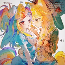 Size: 2048x2048 | Tagged: safe, artist:azhiichigo, applejack, rainbow dash, human, dialogue, duo, eared humanization, female, freckles, humanized, lesbian, ship:appledash, shipping, simple background, tail, tailed humanization, tongue out, white background, winged humanization, wings