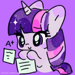 Size: 2048x2048 | Tagged: safe, artist:azhiichigo, twilight sparkle, pony, unicorn, female, mare, purple background, simple background, solo, unicorn twilight