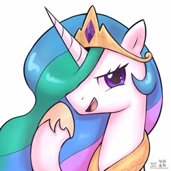 Size: 4000x4000 | Tagged: safe, artist:低能废物, princess celestia, alicorn, pony, bust, female, mare, open mouth, portrait, simple background, solo, text, white background