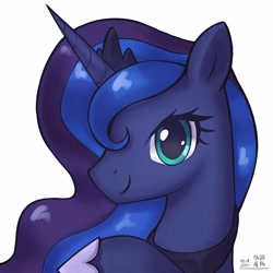 Size: 4000x4000 | Tagged: safe, artist:低能废物, princess luna, alicorn, pony, absurd resolution, bust, female, mare, portrait, simple background, smiling, solo, text, white background