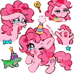 Size: 1080x1080 | Tagged: safe, artist:azhiichigo, gummy, pinkie pie, alligator, earth pony, pony, g4, blushing, candy, crying, cute, diapinkes, female, food, hat, lollipop, male, mare, one eye closed, party hat, wink