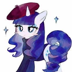 Size: 2048x2048 | Tagged: safe, artist:azhiichigo, rarity, pony, unicorn, beret, blushing, clothes, female, french rarity, hat, horn, looking at you, mare, simple background, solo, turtleneck, white background