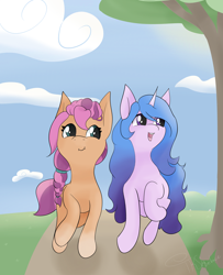 Size: 2916x3592 | Tagged: safe, artist:tkshoelace, izzy moonbow, sunny starscout, earth pony, pony, unicorn, g5, cloud, cute, duo, duo female, female, horn, izzybetes, lesbian, ship:moonscout, shipping, sunnybetes, tree, trotting