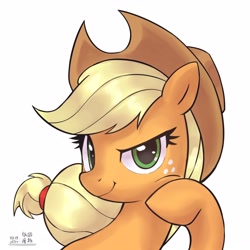 Size: 4000x4000 | Tagged: safe, artist:低能废物, applejack, earth pony, pony, bust, female, looking at you, mare, portrait, simple background, smiling, smiling at you, solo, text, white background
