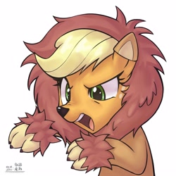 Size: 4000x4000 | Tagged: safe, artist:低能废物, applejack, earth pony, pony, bust, female, lion costume, mare, open mouth, portrait, roar, simple background, solo, text, white background