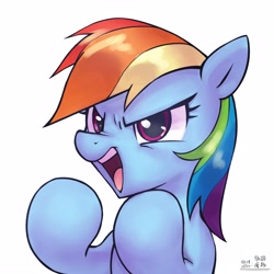 Size: 4000x4000 | Tagged: safe, artist:低能废物, rainbow dash, pegasus, pony, bust, female, mare, open mouth, portrait, simple background, solo, text, white background