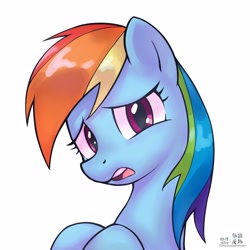 Size: 4000x4000 | Tagged: safe, artist:低能废物, rainbow dash, pegasus, pony, bust, female, looking at you, mare, open mouth, portrait, simple background, solo, text, white background, worried