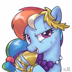 Size: 4000x4000 | Tagged: safe, artist:低能废物, rainbow dash, pegasus, pony, aside glance, clothes, dress, female, looking at you, mare, open mouth, simple background, smiling, solo, sweat, text, white background