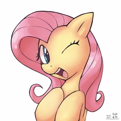 Size: 4000x4000 | Tagged: safe, artist:低能废物, fluttershy, pegasus, pony, bust, female, looking at you, mare, one eye closed, portrait, simple background, smiling, smiling at you, solo, text, white background, wink, winking at you