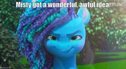 Size: 906x500 | Tagged: safe, screencap, misty brightdawn, g5, izzy does it, my little pony: make your mark, my little pony: make your mark chapter 2, caption, evil smirk, how the grinch stole christmas, image macro, imgflip, text