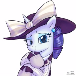 Size: 4000x4000 | Tagged: safe, artist:低能废物, rarity, pony, unicorn, bust, clothes, female, hat, horn, looking at you, mare, portrait, simple background, smiling, smiling at you, solo, text, white background