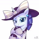 Size: 4000x4000 | Tagged: safe, artist:低能废物, rarity, pony, unicorn, g4, bust, clothes, female, hat, horn, looking at you, mare, portrait, raristocrat, rose dewitt bukater, simple background, smiling, smiling at you, solo, text, titanic, white background