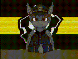 Size: 320x240 | Tagged: safe, artist:wixkxu, oc, oc:miru, bat pony, pony, animated, bat pony oc, bat wings, black league, brown eyes, brown mane, ear fluff, flag, folded wings, gif, gray, looking at you, male, simple background, sitting, stallion, stallion oc, table, the new order: last days of europe, wings, yellow background