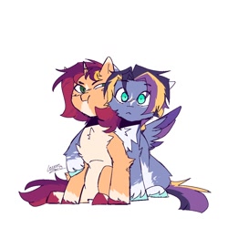 Size: 1280x1280 | Tagged: safe, artist:twiligh7s_bong, oc, oc only, pegasus, unicorn, chest fluff, coat markings, colt, countershading, facial markings, foal, horn, magical lesbian spawn, male, next generation, offspring, parent:sunset shimmer, parent:twilight sparkle, parents:sunsetsparkle, siblings, simple background, star (coat marking), unshorn fetlocks, white background