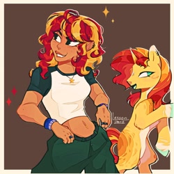 Size: 1280x1280 | Tagged: safe, artist:twiligh7s_bong, sunset shimmer, human, pony, unicorn, belly button, belly piercing, bipedal, brown background, clothes, ear piercing, earring, female, horn, humanized, jewelry, mare, necklace, pants, piercing, self paradox, self ponidox, short shirt, simple background, solo, wristband