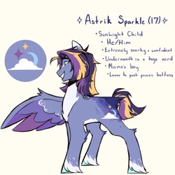 Size: 1280x1280 | Tagged: safe, artist:twiligh7s_bong, oc, oc only, oc:astrik sparkle, pegasus, pony, amputee, colored wings, countershading, magical lesbian spawn, male, missing wing, next generation, offspring, parent:sunset shimmer, parent:twilight sparkle, parents:sunsetsparkle, reference sheet, solo, stallion, unshorn fetlocks, wings