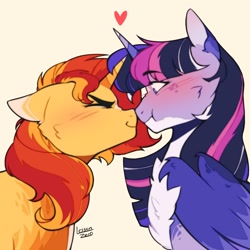 Size: 1280x1280 | Tagged: safe, artist:twiligh7s_bong, sunset shimmer, twilight sparkle, alicorn, pony, unicorn, alternate design, blushing, boop, cheek fluff, chest fluff, duo, female, floating heart, heart, horn, lesbian, mare, nose to nose, ship:sunsetsparkle, shipping, simple background, twilight sparkle (alicorn)