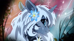 Size: 1920x1080 | Tagged: safe, artist:hierozaki, oc, oc only, oc:frozen raine, pony, unicorn, abstract background, female, flower, flower in hair, horn, looking at you, looking back, looking back at you, mare