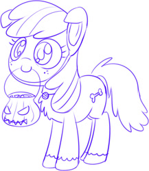 Size: 795x915 | Tagged: safe, artist:mcsadat, apple bloom, earth pony, pony, g4, clothes, costume, dog costume, female, filly, foal, halloween, holiday, jack-o-lantern, mouth hold, nightmare night costume, pumpkin, pumpkin bucket, sketch, smiling, solo
